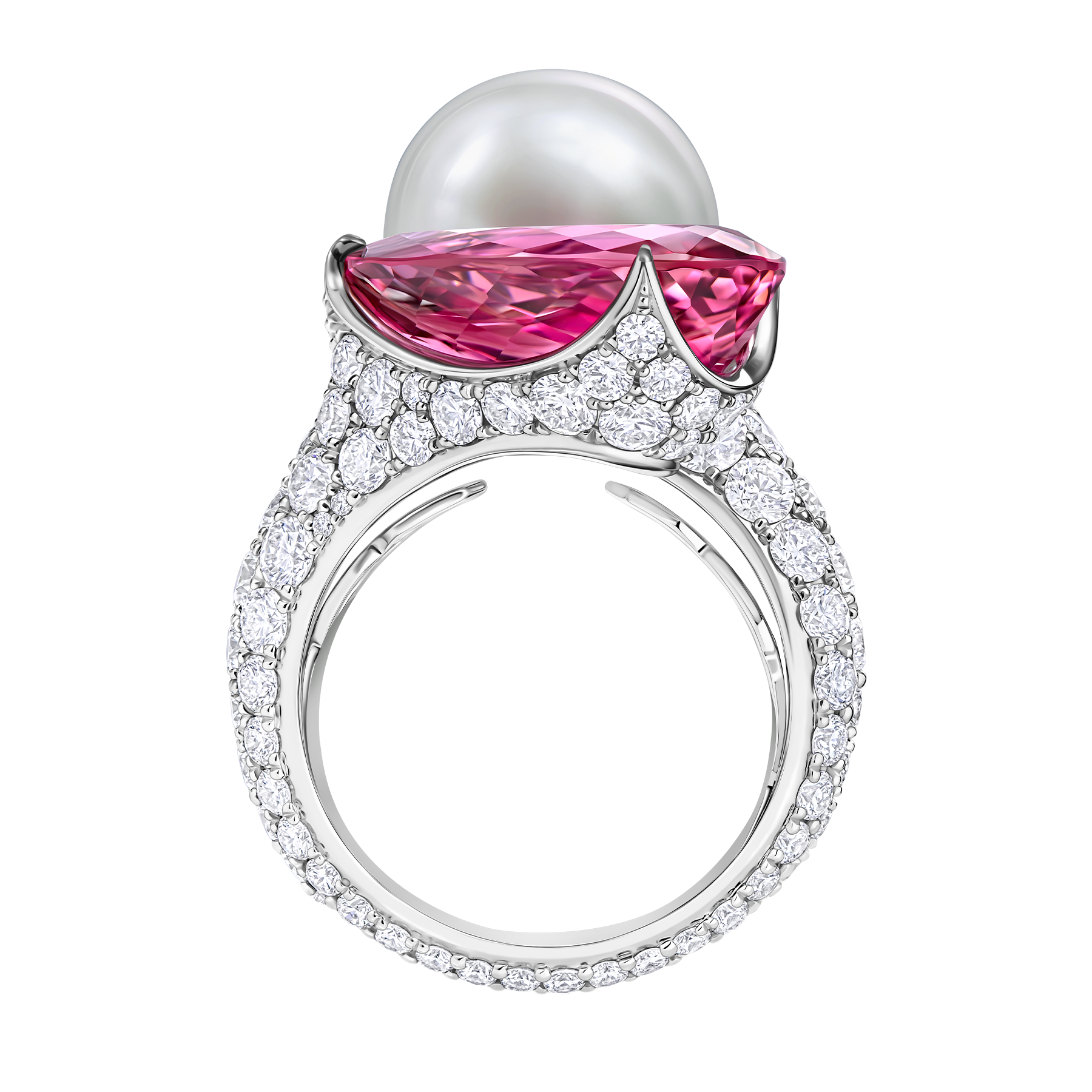 Кольцо с турмалином рубеллитом, жемчугом и бриллиантами, белое золото
