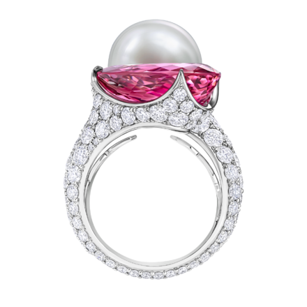Кольцо с турмалином рубеллитом, жемчугом и бриллиантами, белое золото 3