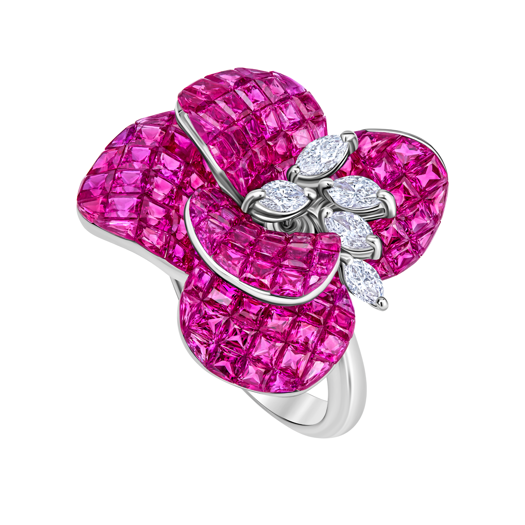 Кольцо с рубинами и бриллиантами, белое золото