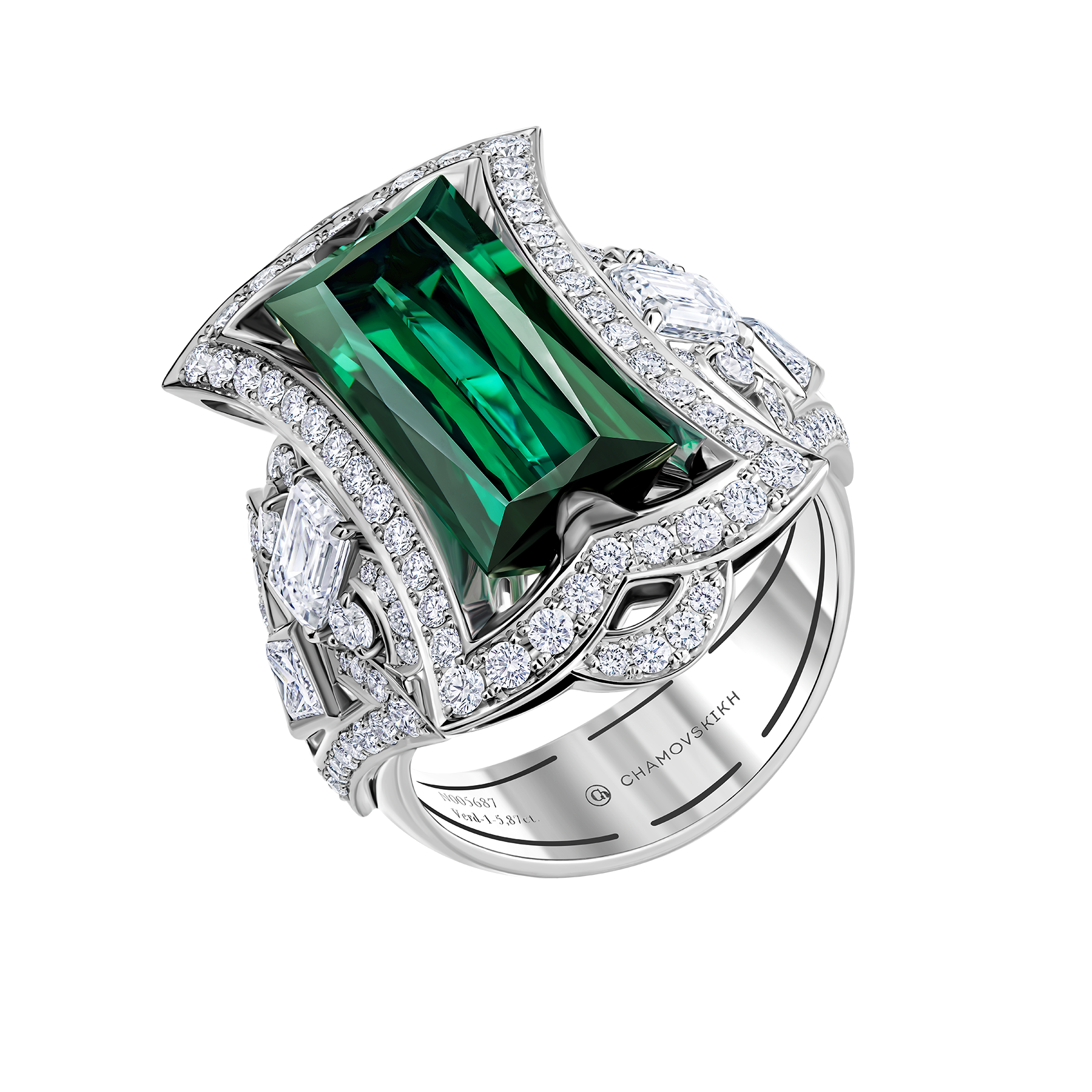 Кольцо с верделитом и бриллиантами, белое золото