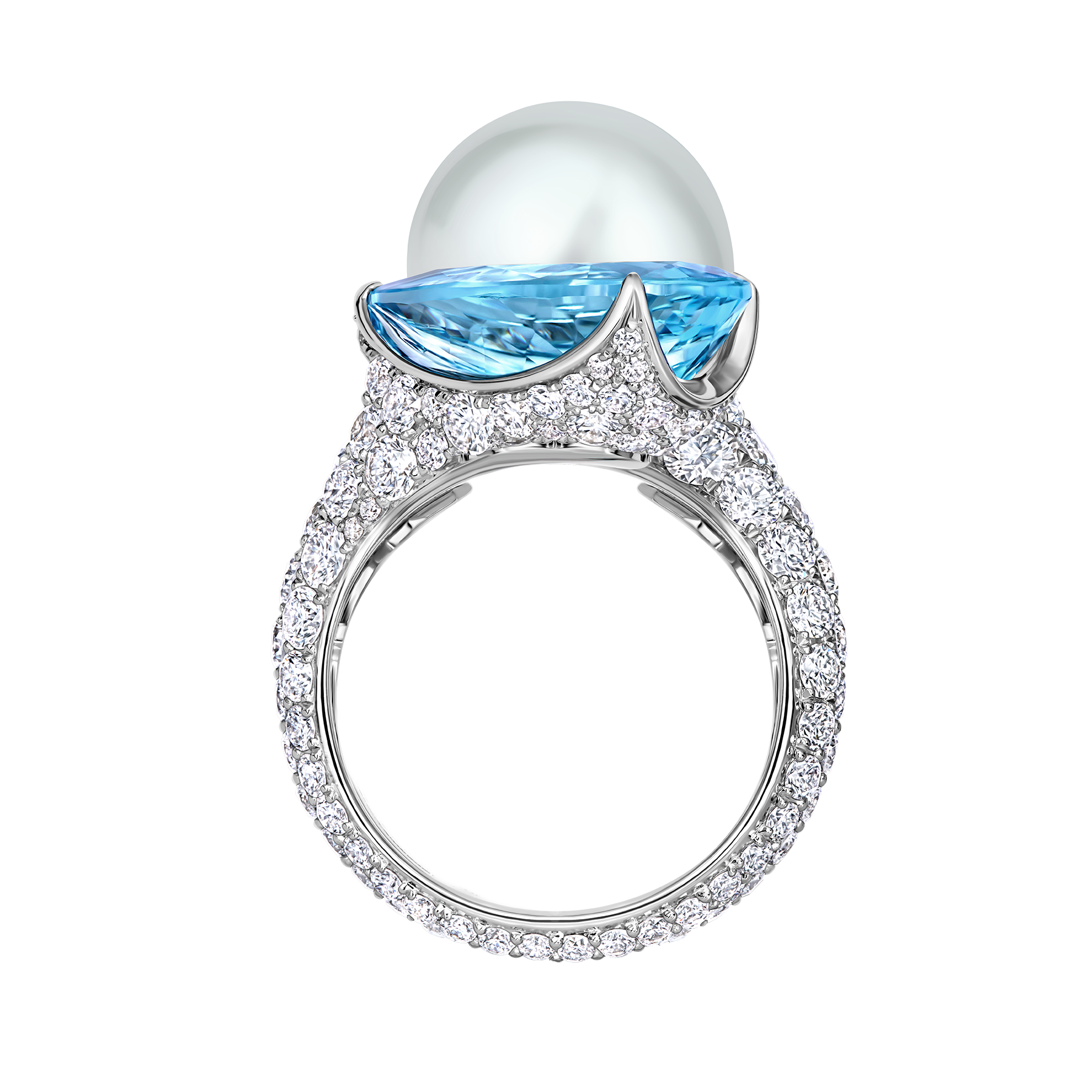Кольцо с аквамарином, жемчугом и бриллиантами, белое золото