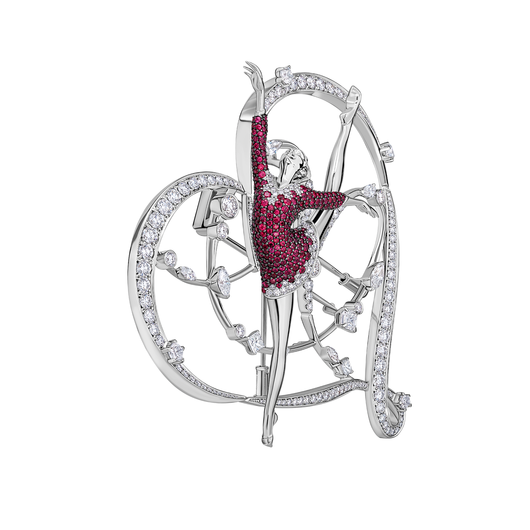 Брошь с сапфирами, рубинами и бриллиантами, белое золото