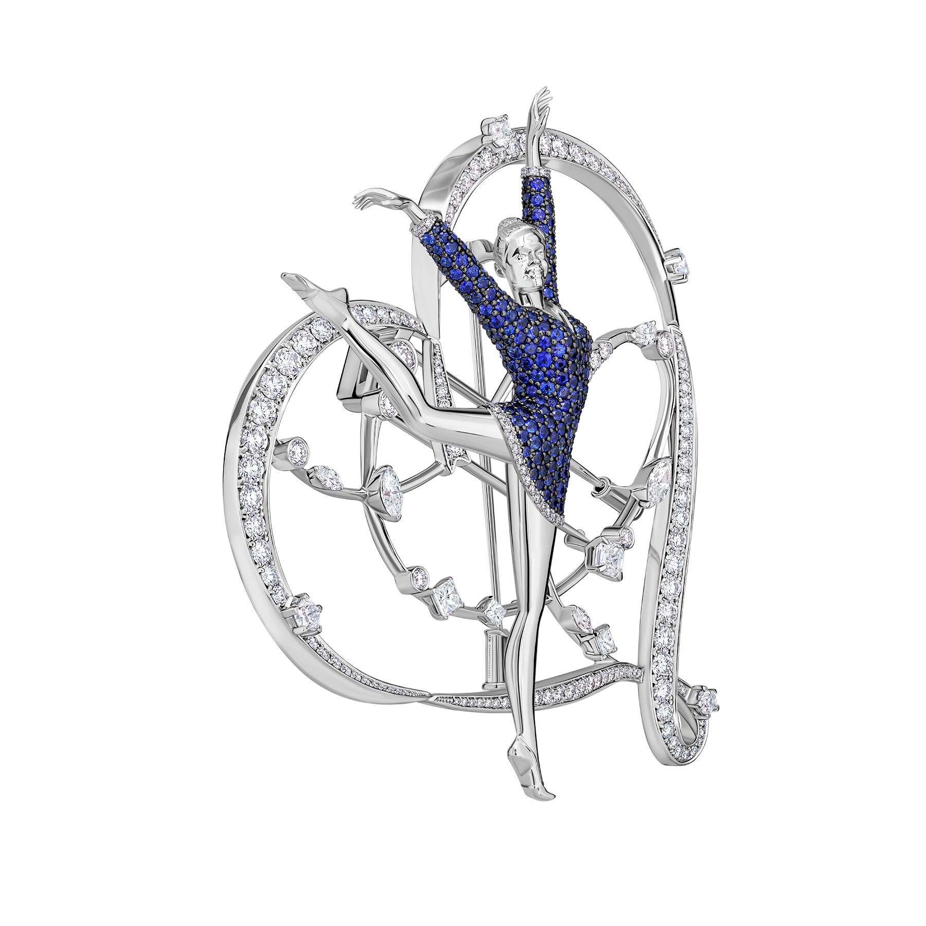 Брошь с сапфирами, рубинами и бриллиантами, белое золото