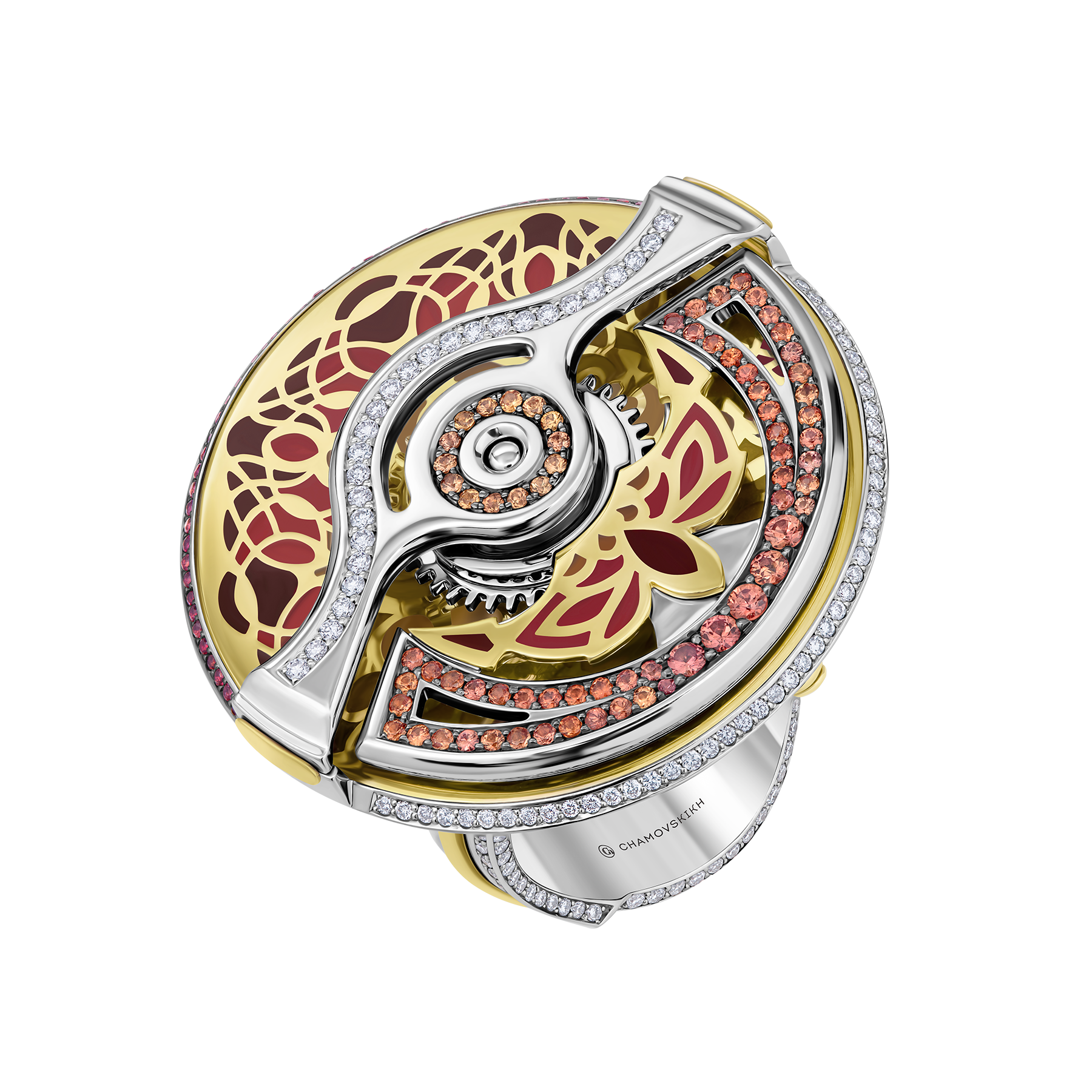 Кольцо с бриллиантами и цветными сапфирами, белое золото, н.керамика