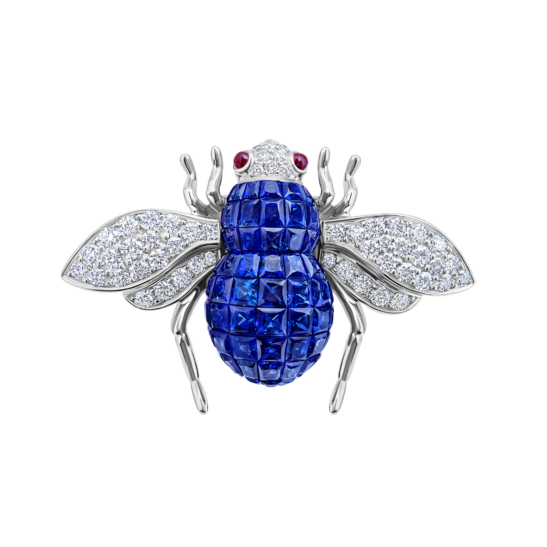 Брошь с сапфирами, рубинами и бриллиантами, белое золото