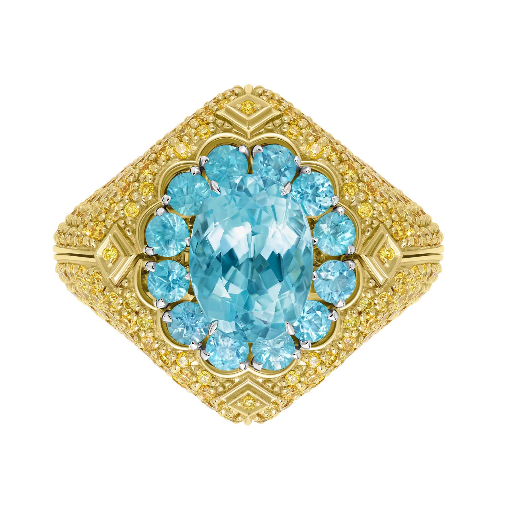 Кольцо с турмалинами параиба и бриллиантами, желтое и белое золото