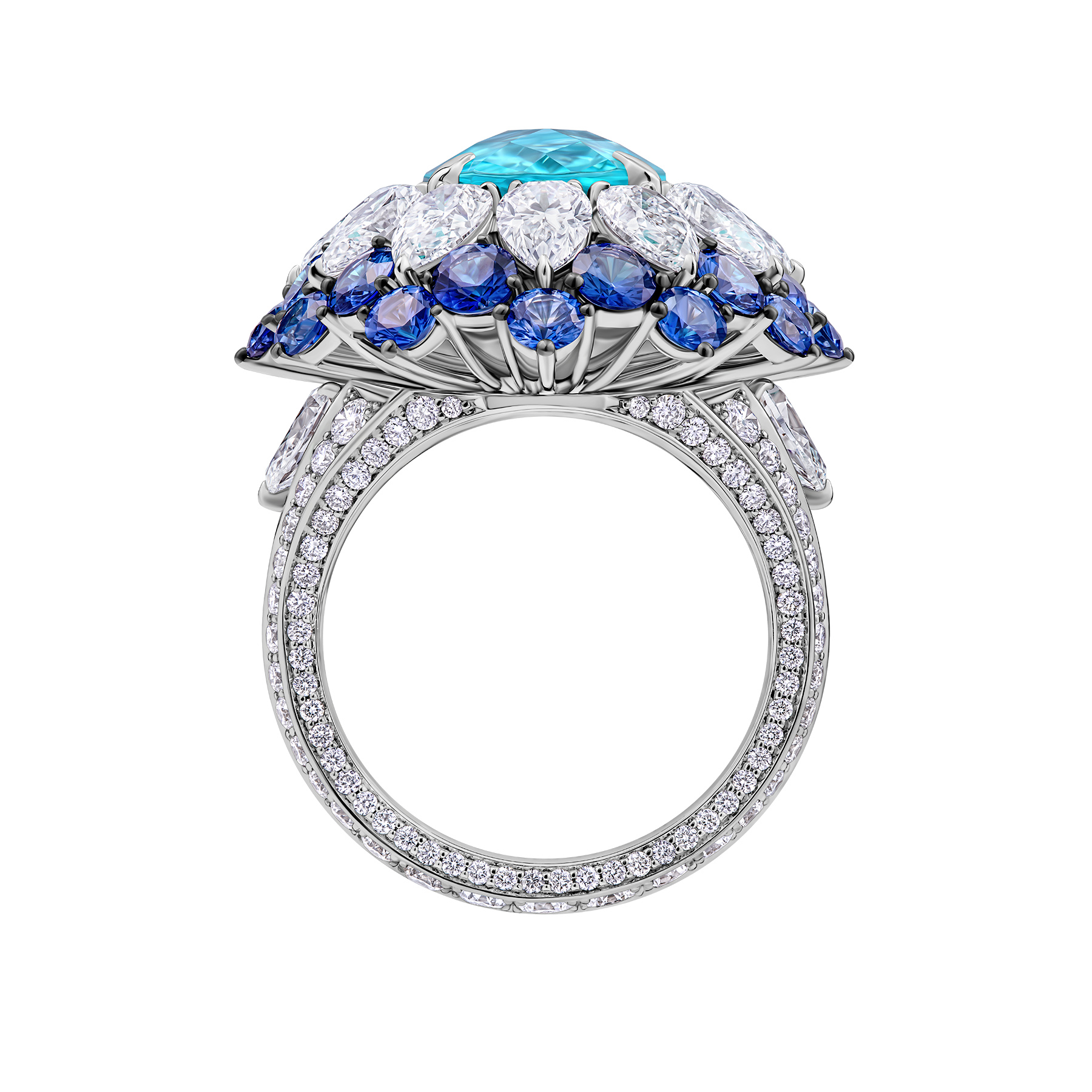 Кольцо с турмалином параибой, сапфирами и бриллиантами, белое золото