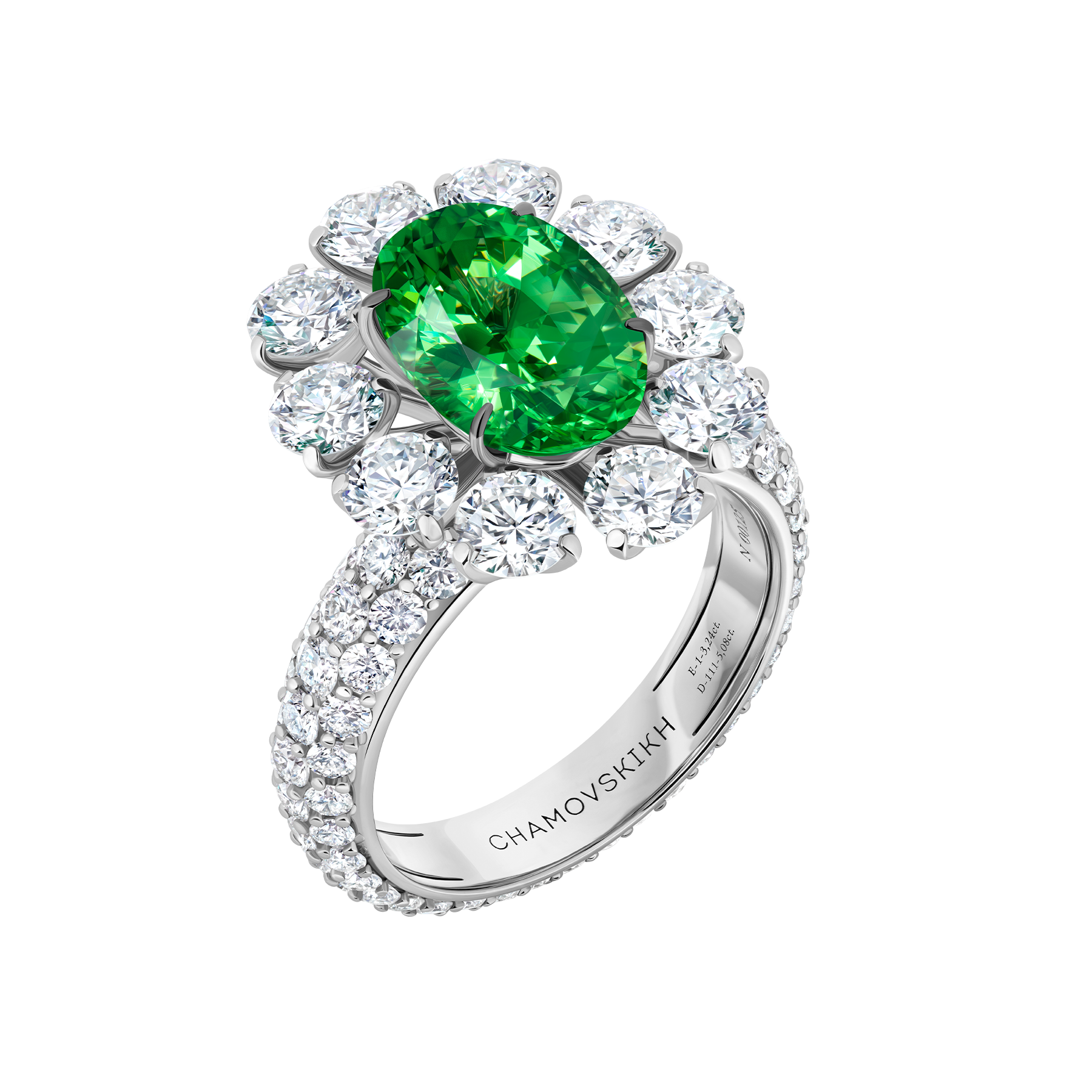 Кольцо с тсаворитом и бриллиантами, белое золото