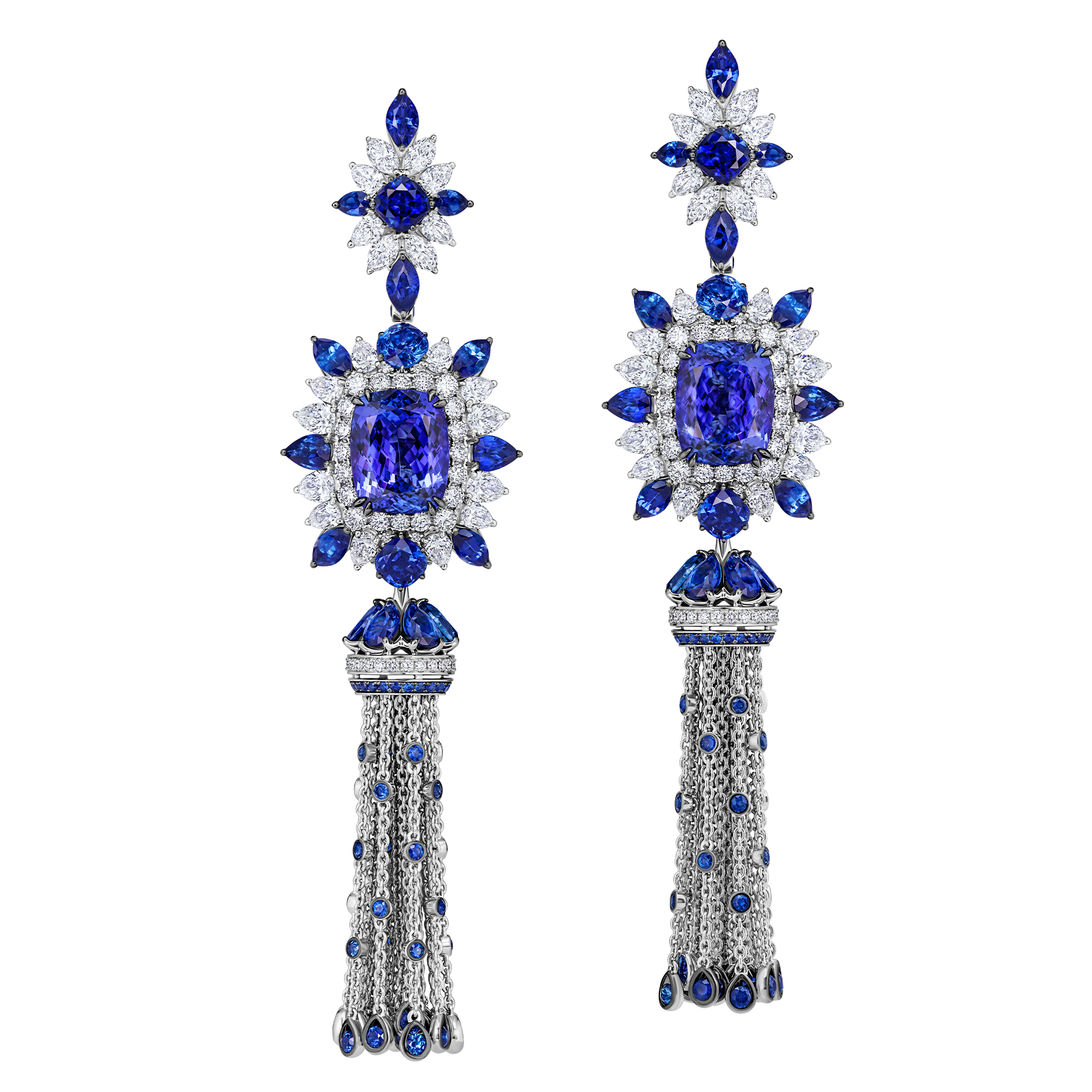 Серьги с танзанитами, сапфирами и бриллиантами, белое золото