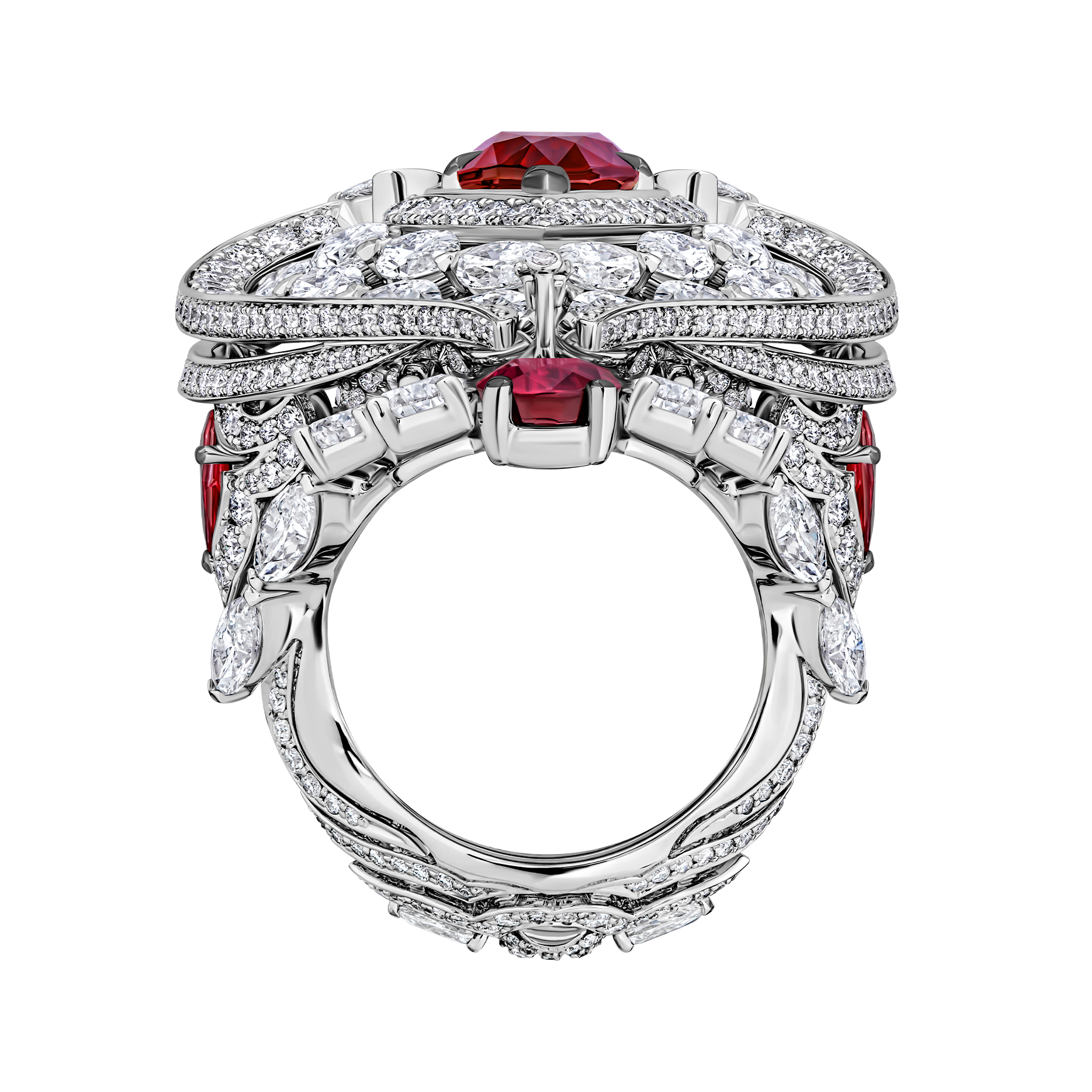 Кольцо с рубинами и бриллиантами, белое золото