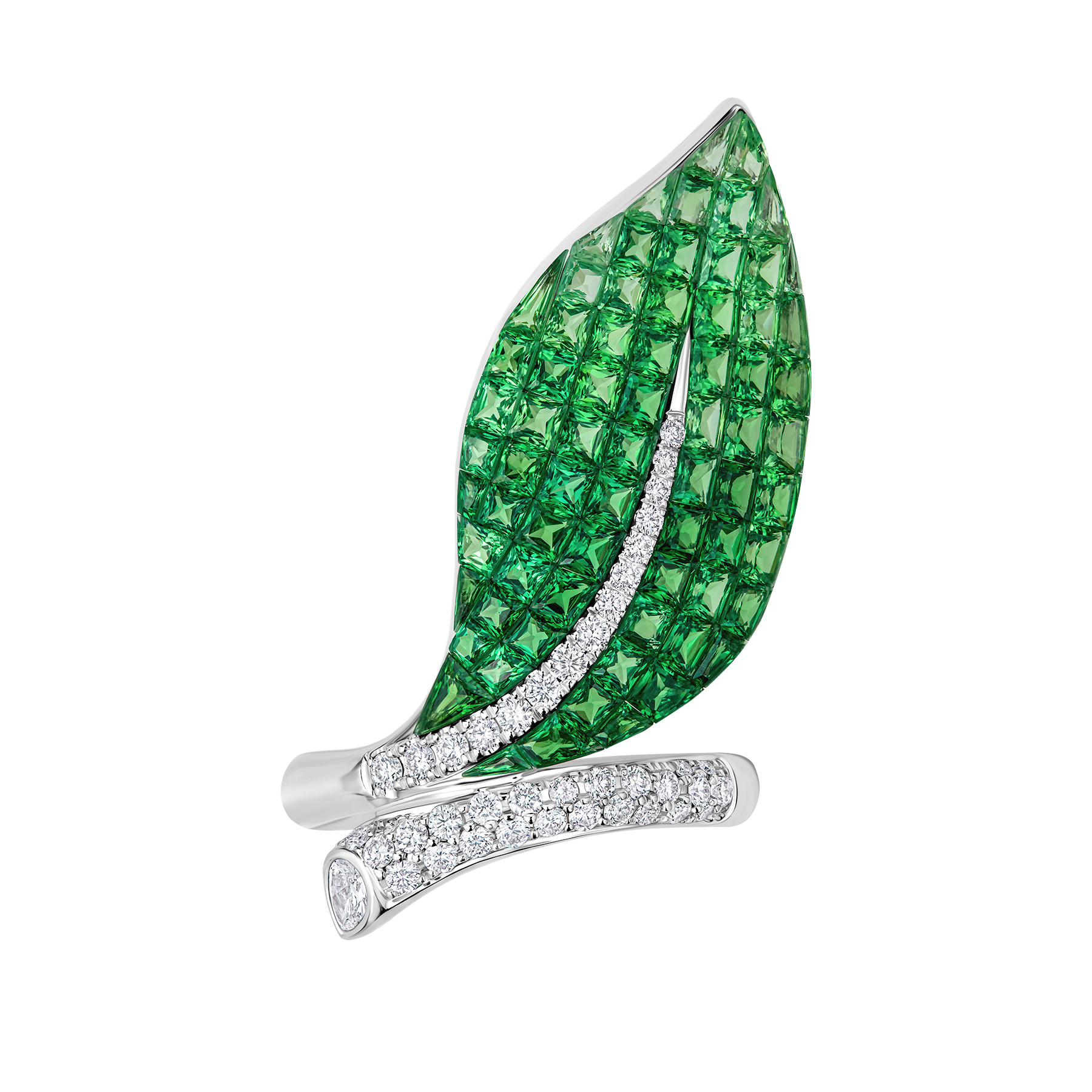 Кольцо с тсаворитами и бриллиантами, белое золото