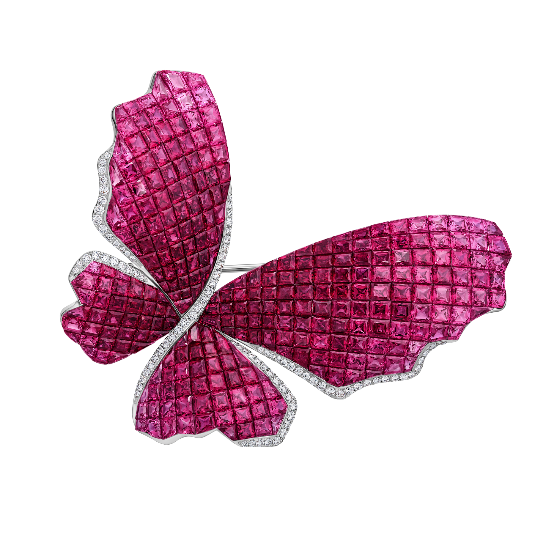 Брошь с рубинами, розовыми сапфирами и бриллиантами, белое золото