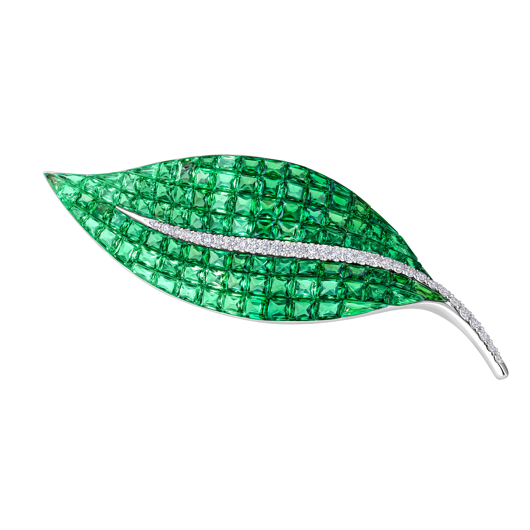 Брошь с тсаворитами и бриллиантами, белое золото