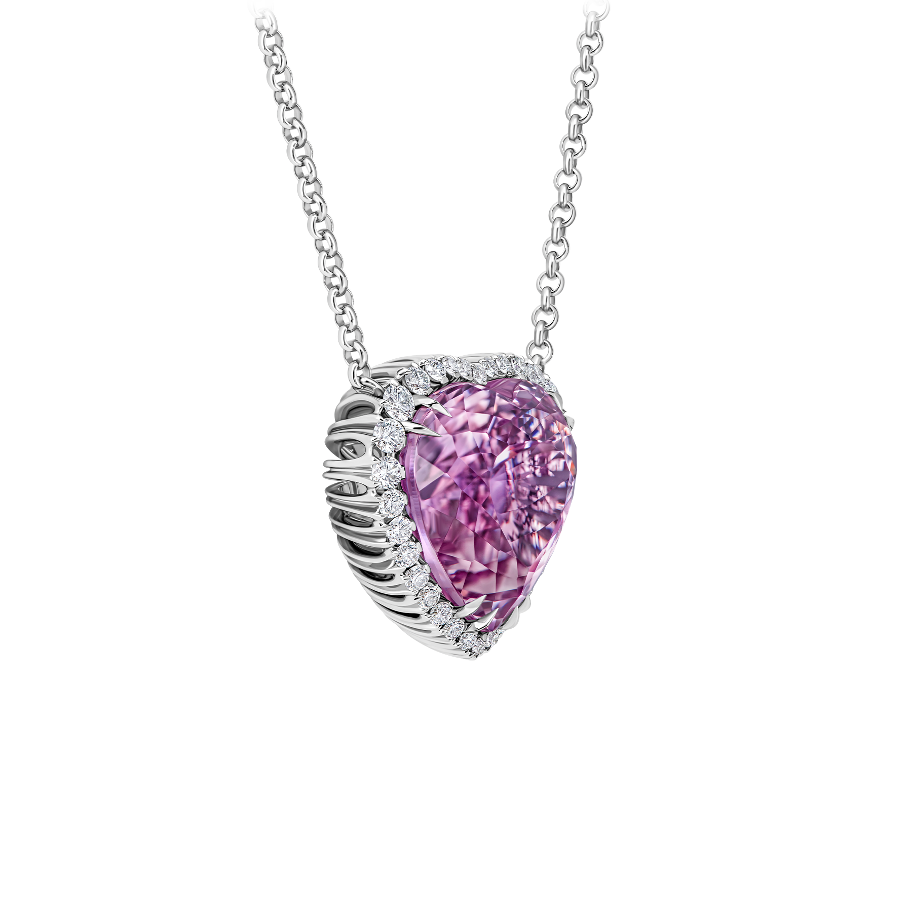 Колье с кунцитом и бриллиантами, белое золото