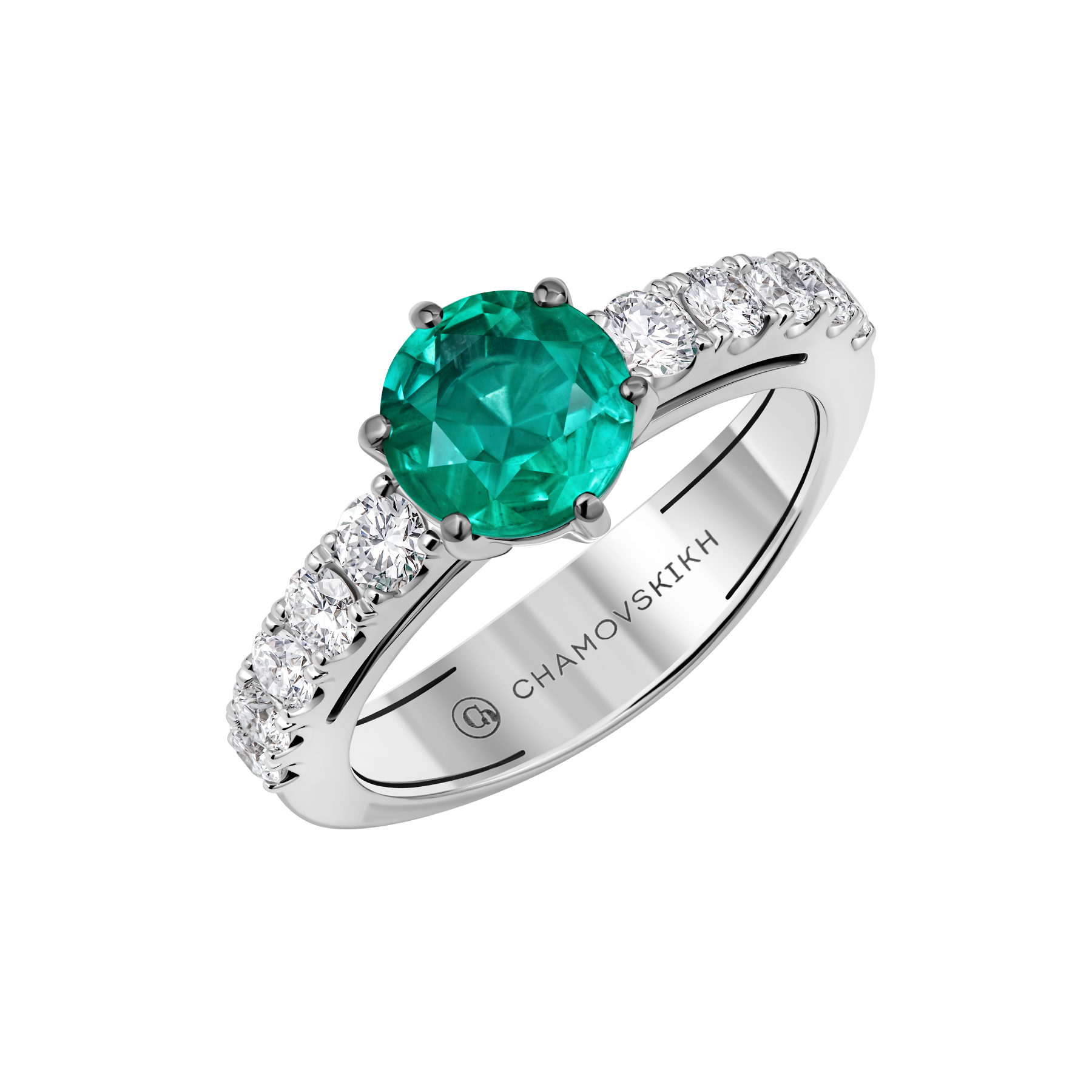 Кольцо с изумрудом и бриллиантами, белое золото