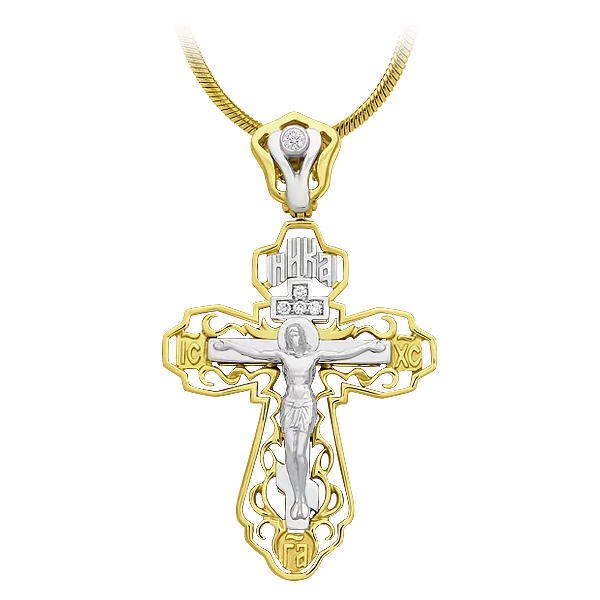 Подвес крест с бриллиантами, желтое и белое золото