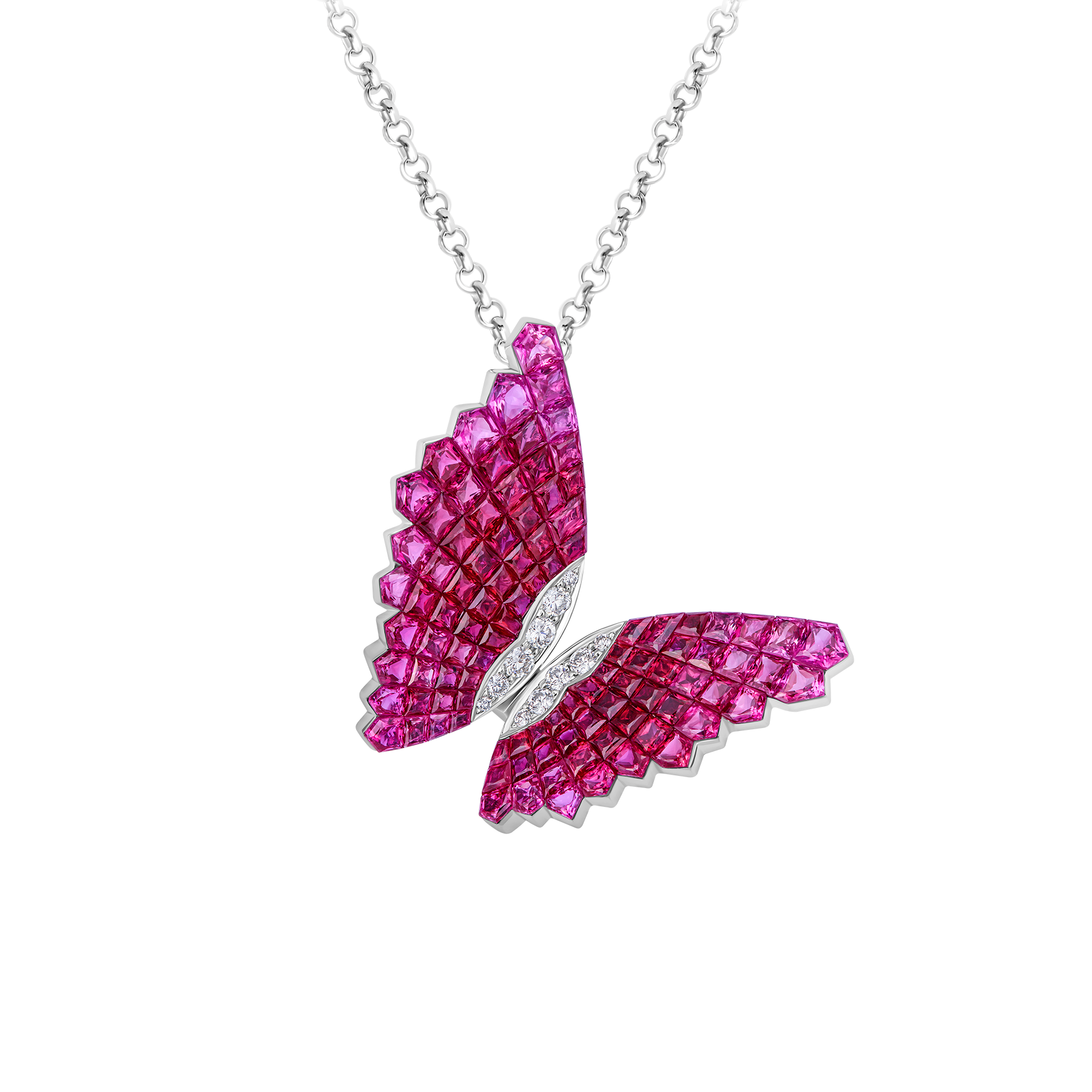 Подвес с рубинами, розовыми сапфирами и бриллиантами, белое золото