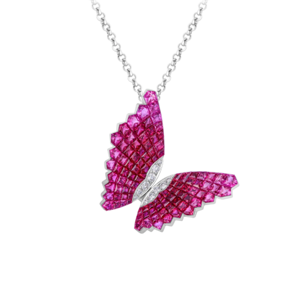 Подвес с рубинами, розовыми сапфирами и бриллиантами, белое золото