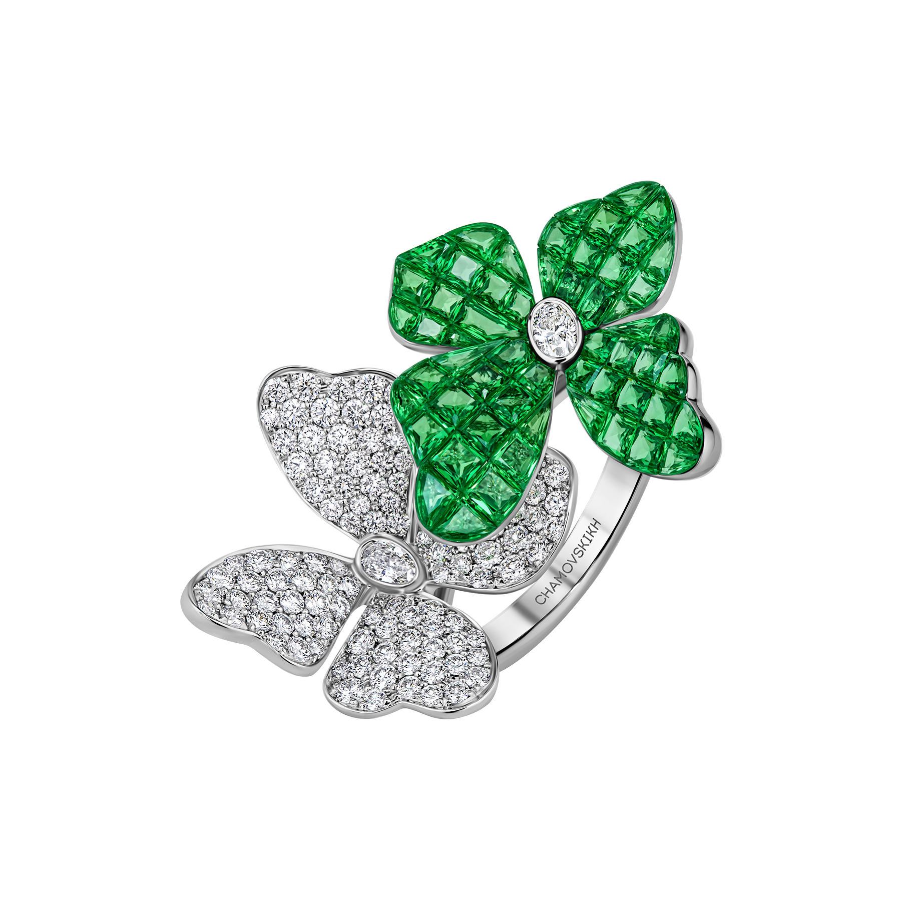 Кольцо с тсаворитами и бриллиантами, белое золото