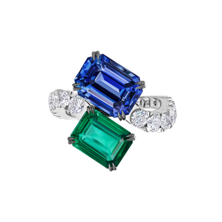 Кольцо с сапфиром, изумрудом и бриллиантами, белое золото 2