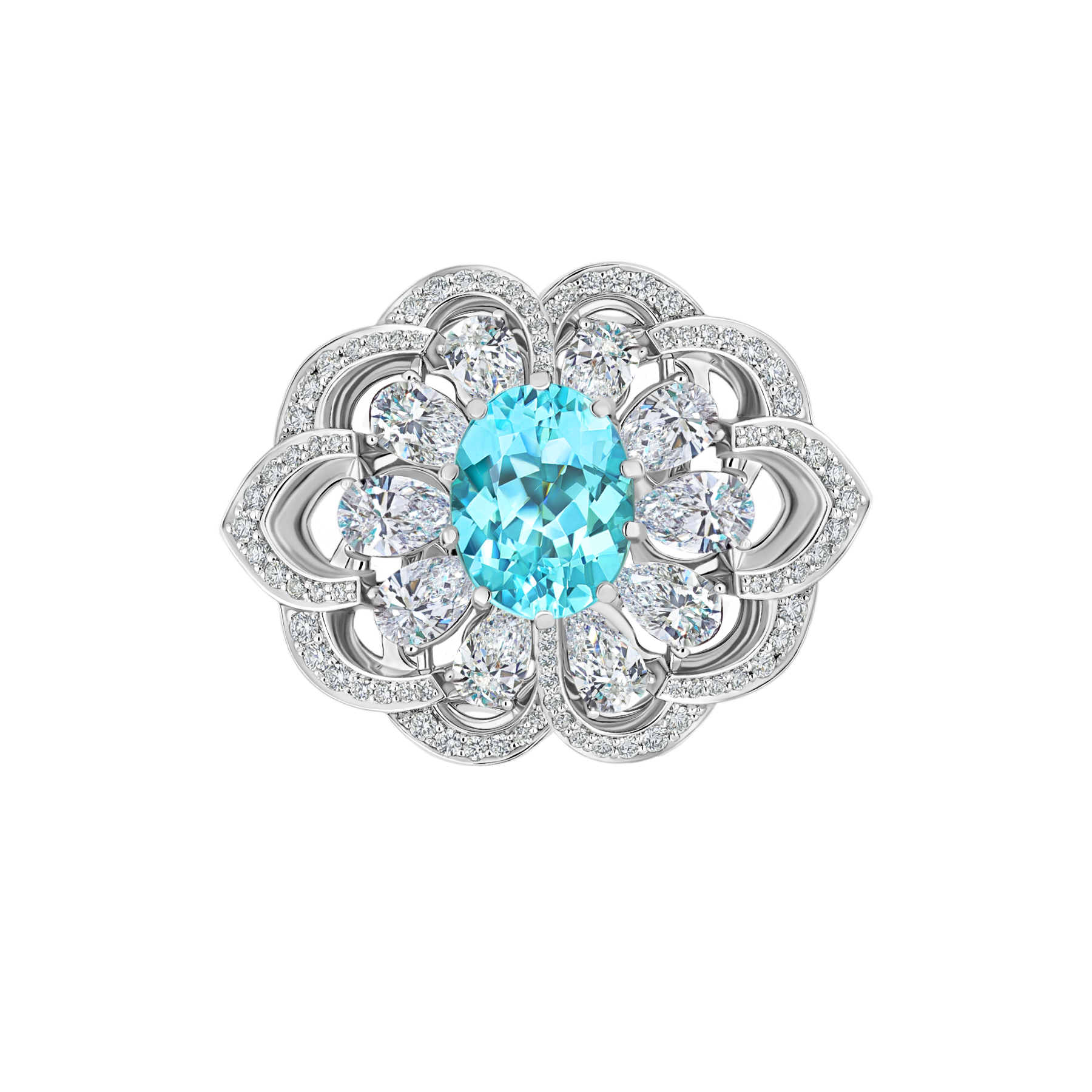 Подвес-брошь с турмалином параиба, бриллиантами и жемчугом, белое золото