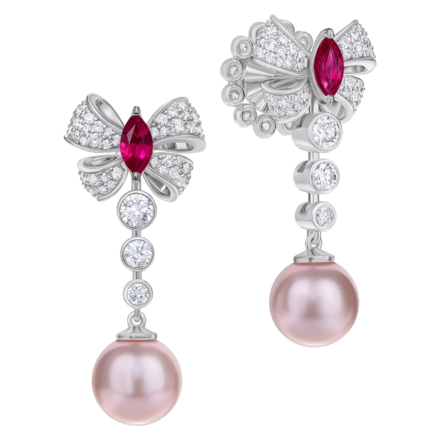 Пусеты с рубинами, жемчугом и бриллиантами, белое золото