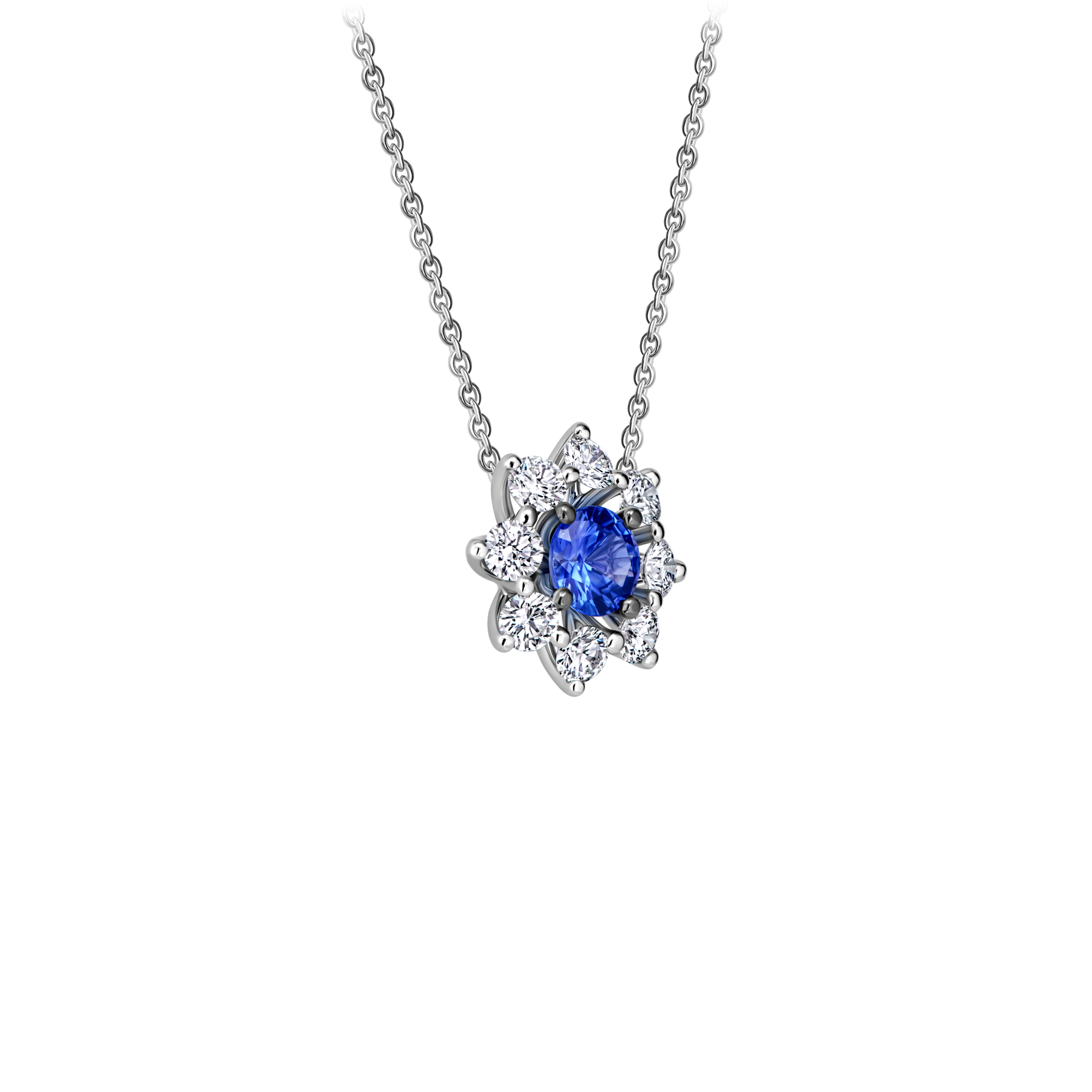 Колье с сапфиром и бриллиантами, белое золото