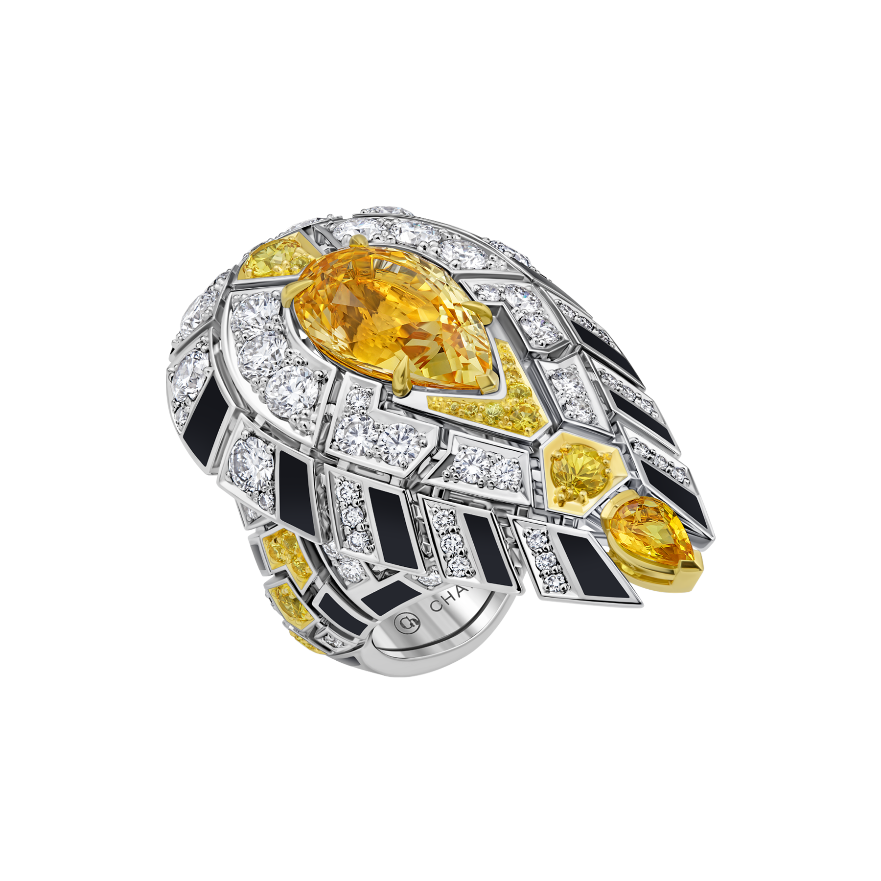 Кольцо с желтыми сапфирами и бриллиантами, белое золото