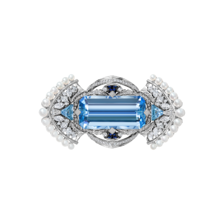 Кольцо с аквамарином, сапфирами, бриллиантами и жемчугом, белое золото 2