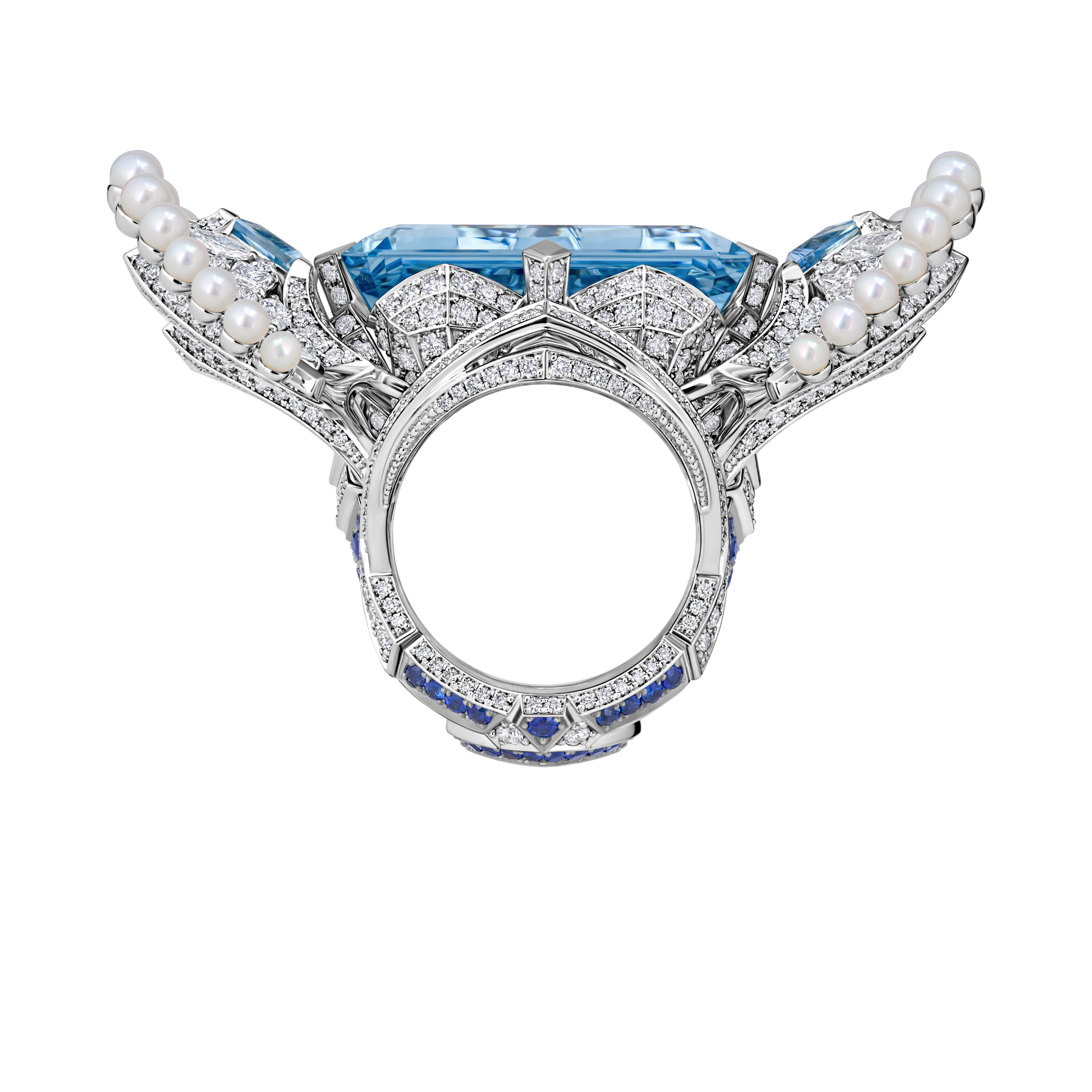 Кольцо с аквамарином, сапфирами, бриллиантами и жемчугом, белое золото