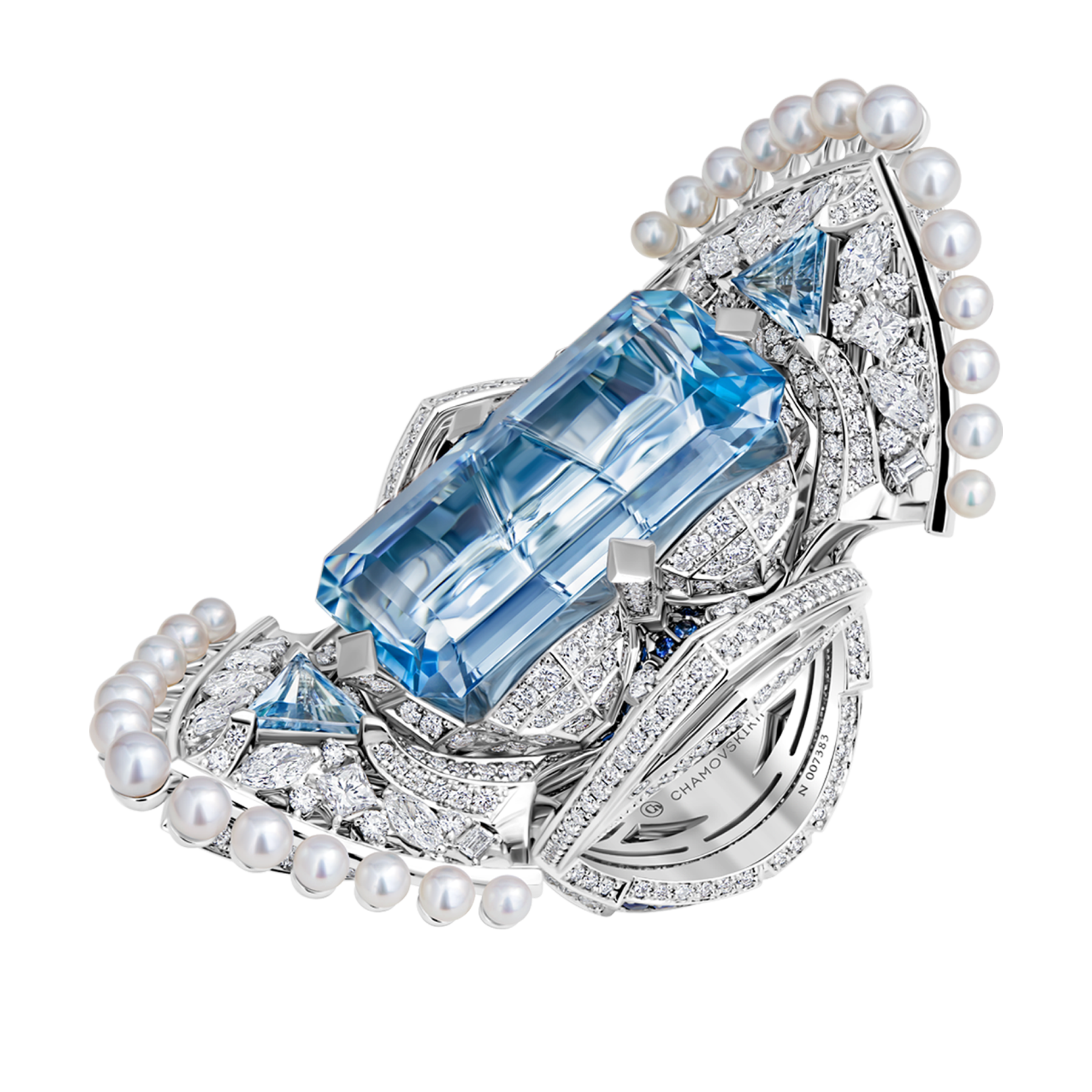 Кольцо с аквамарином, сапфирами, бриллиантами и жемчугом, белое золото