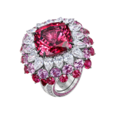 Кольцо с турмалином рубеллитом, рубинами, розовыми сапфирами и бриллиантами, белое золото