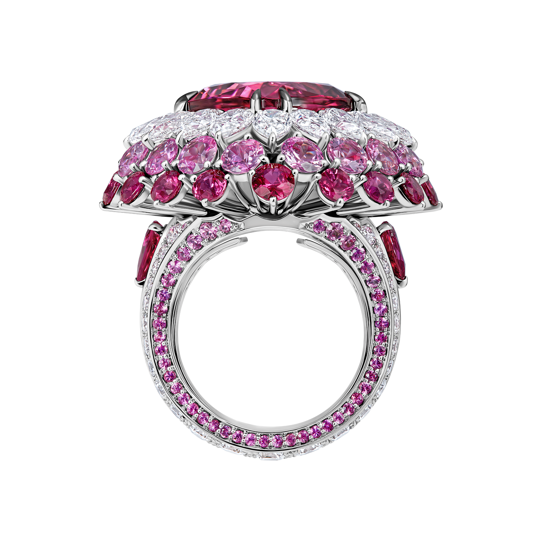 Кольцо с турмалином рубеллитом, рубинами, розовыми сапфирами и бриллиантами, белое золото