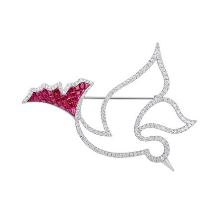 Брошь с рубинами и бриллиантами, белое золото