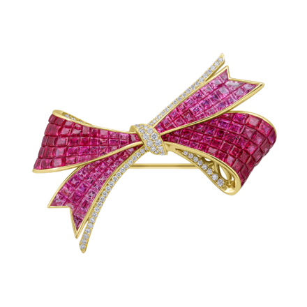 Брошь с рубинами и бриллиантами, жёлтое золото