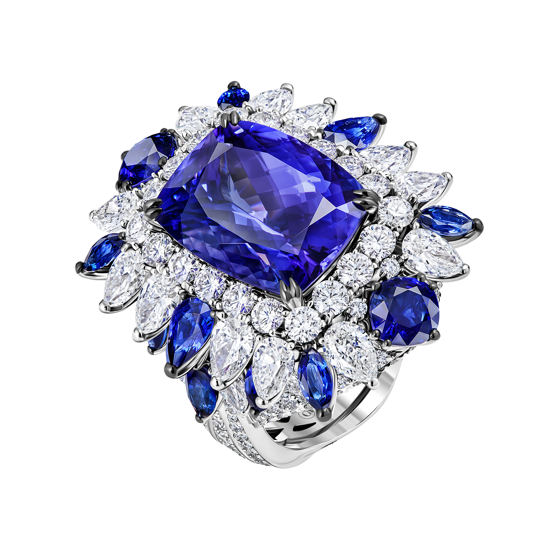 Кольцо с танзанитом, бриллиантами и сапфирами, белое золото