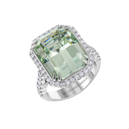 Кольцо с бериллом и бриллиантами, белое золото