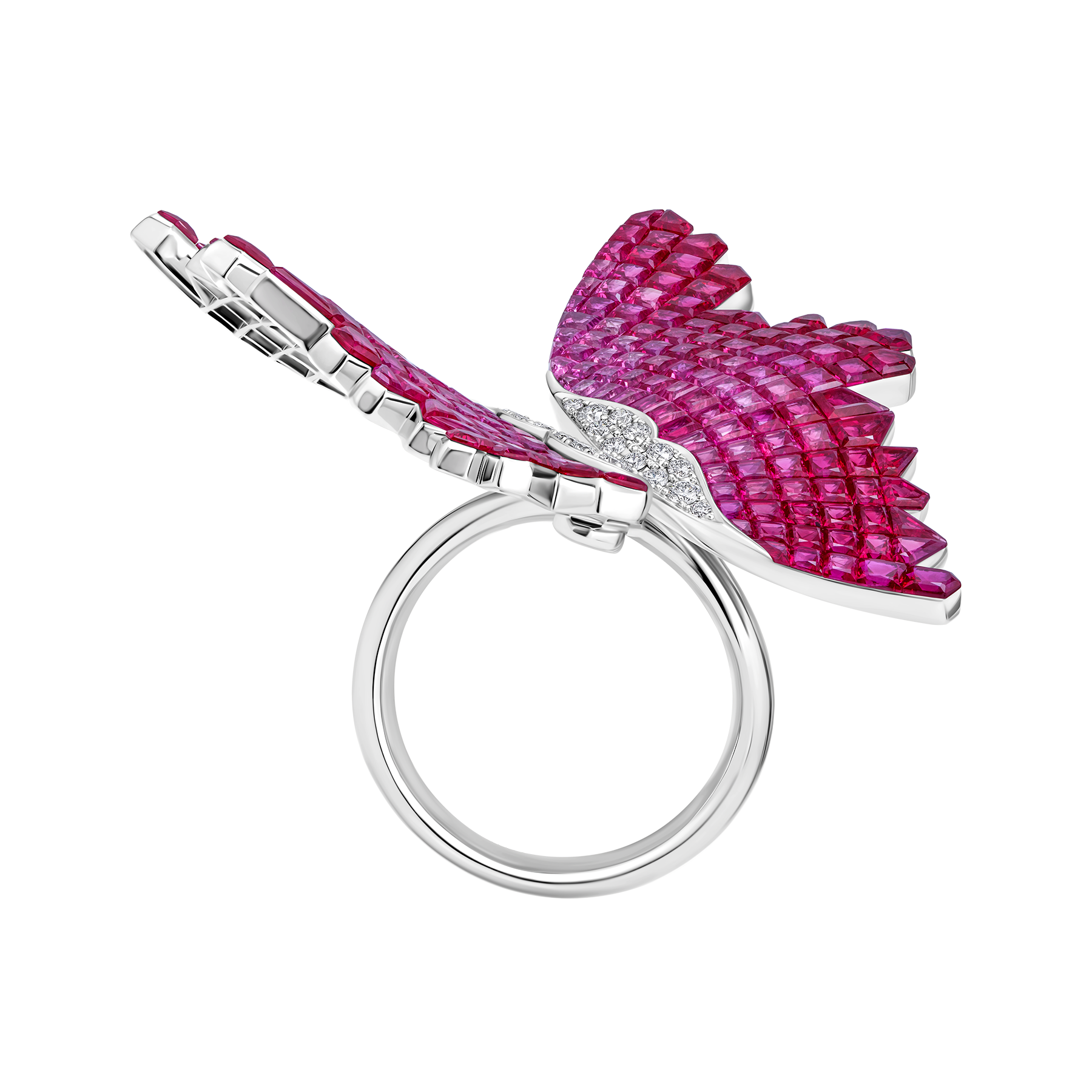 Кольцо с рубинами и бриллиантами, белое золото